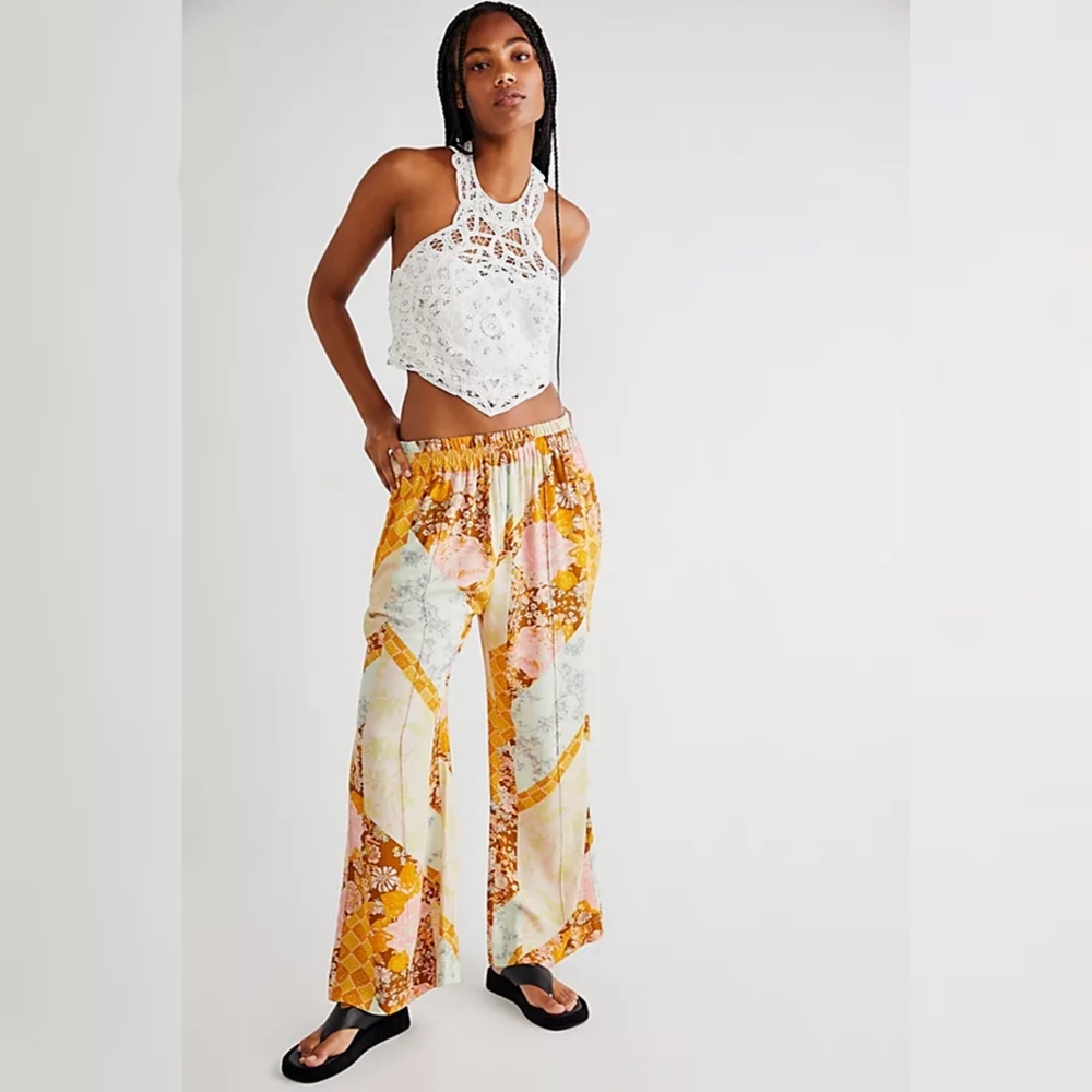 Free People On The Move Kick Flare Pants In Gold Patchwork Pattern Women's Large